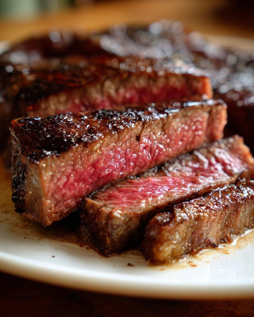 Close-up of perfectly cooked New York Strip Steak, sliced to reveal a medium-rare, juicy interior.