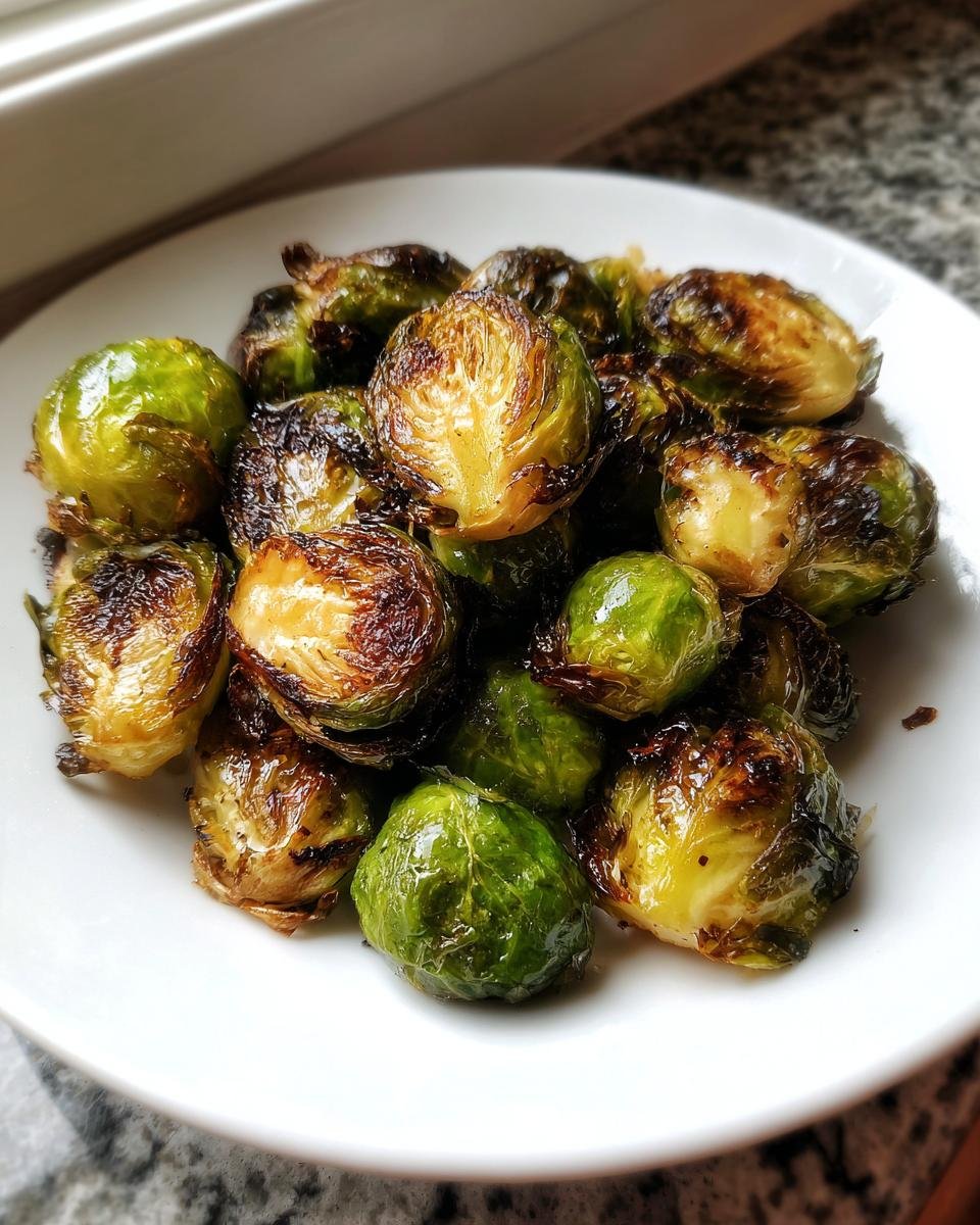 A white plate filled with perfectly caramelized Oven Roasted Brussels Sprouts, showing crispy, browned edges.