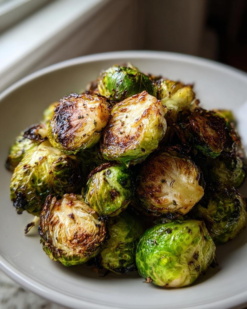 A close-up of perfectly caramelized Oven Roasted Brussels Sprouts piled high in a light bowl.