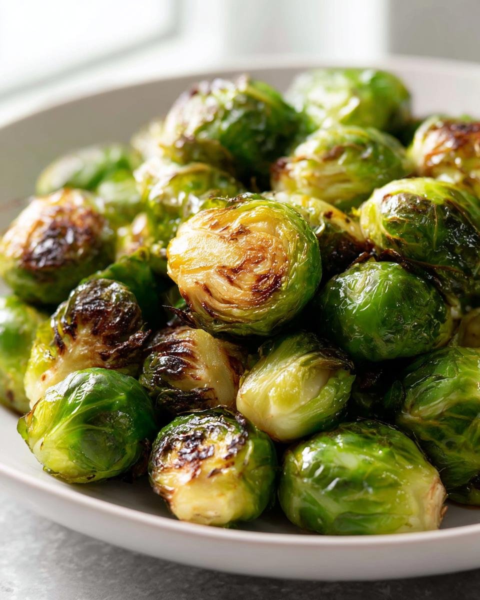 A close-up of perfectly Oven Roasted Brussels Sprouts, showing caramelized, crispy edges and bright green centers.
