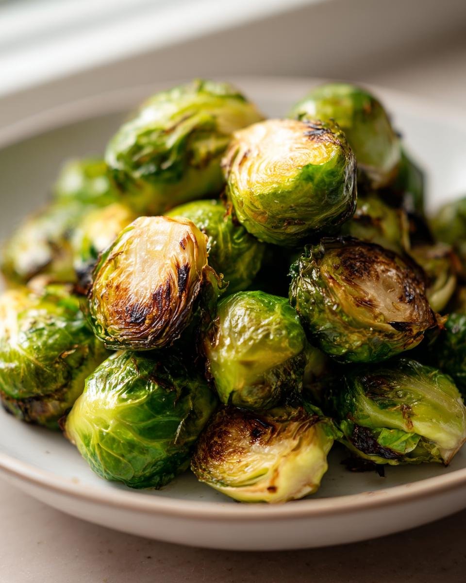 Close-up of a mound of bright green, caramelized Oven Roasted Brussels Sprouts on a light plate.
