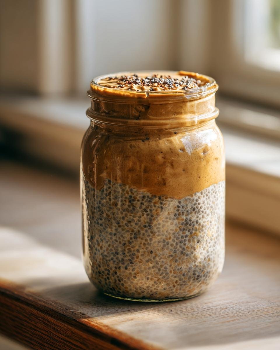 Close-up of Peanut Powder Overnight Oats layered with chia seed pudding and topped with peanut butter and seeds.