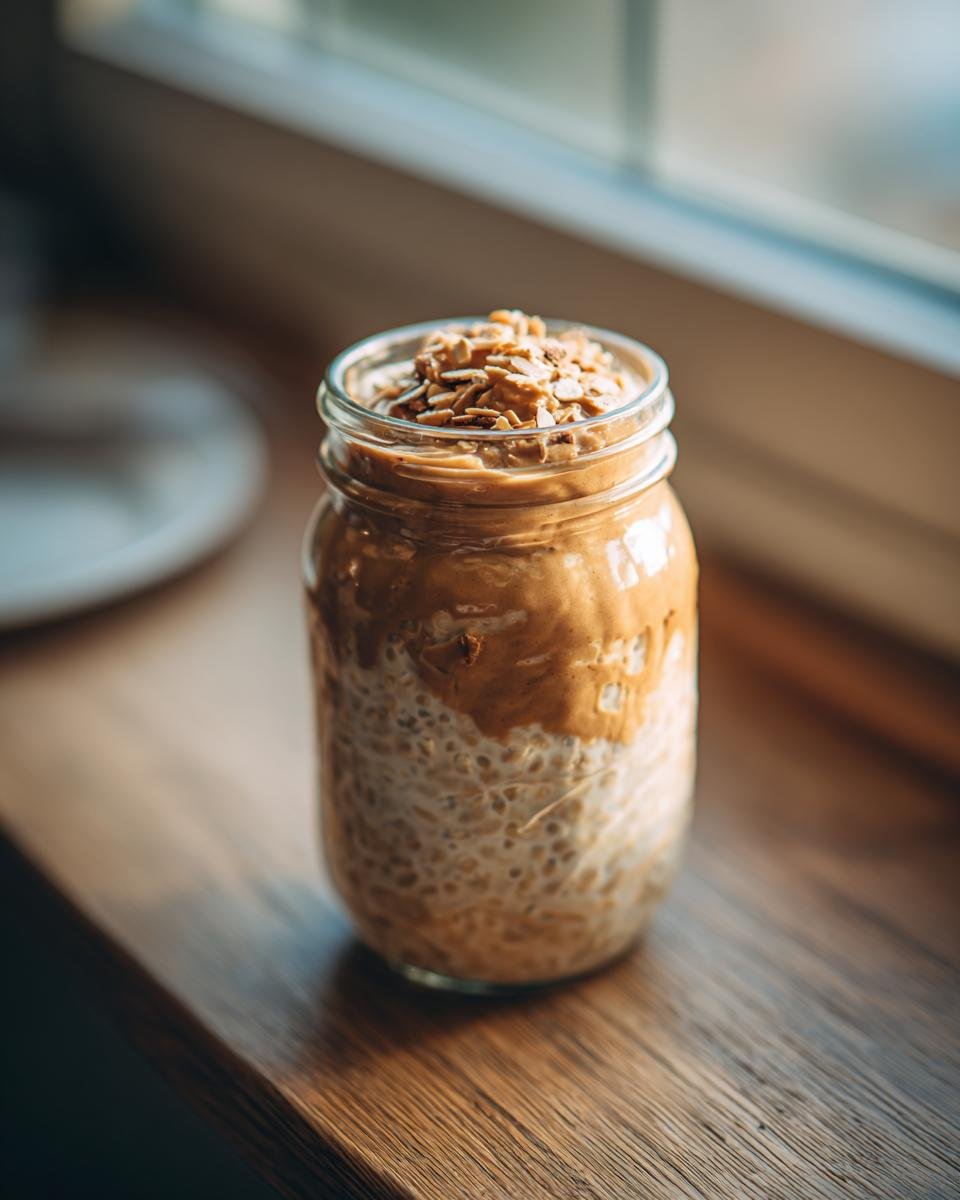 A jar of Peanut Powder Overnight Oats topped with peanut butter and oats, sitting on a wooden surface near a window.