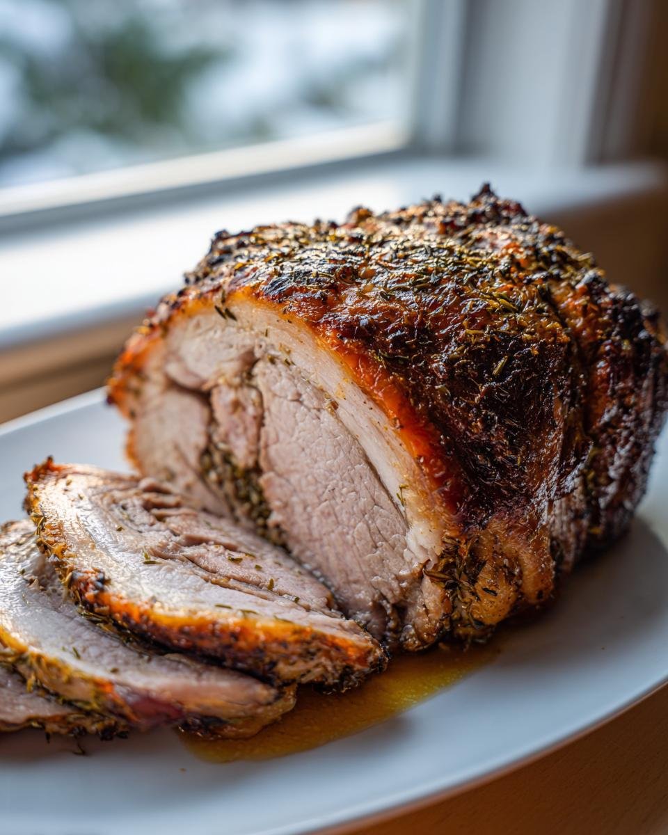 A beautifully roasted Porchetta, sliced to show the juicy interior and herb-crusted crackling.