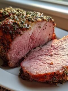 A juicy, medium-rare Pork Roast, sliced to show the pink interior and herb crust.