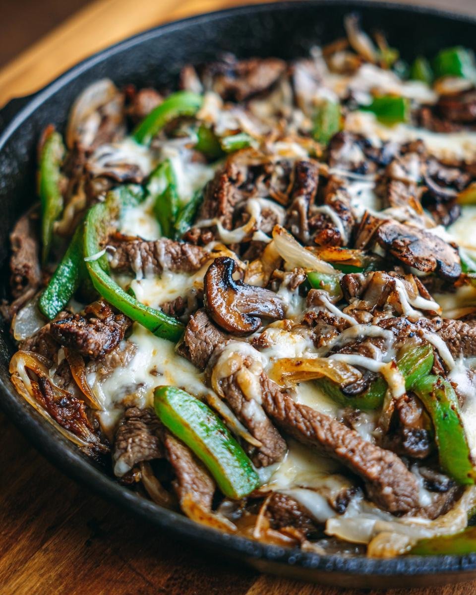 Close-up of melted cheese covering steak strips, green peppers, onions, and mushrooms in a Philly Cheesesteak Skillet.