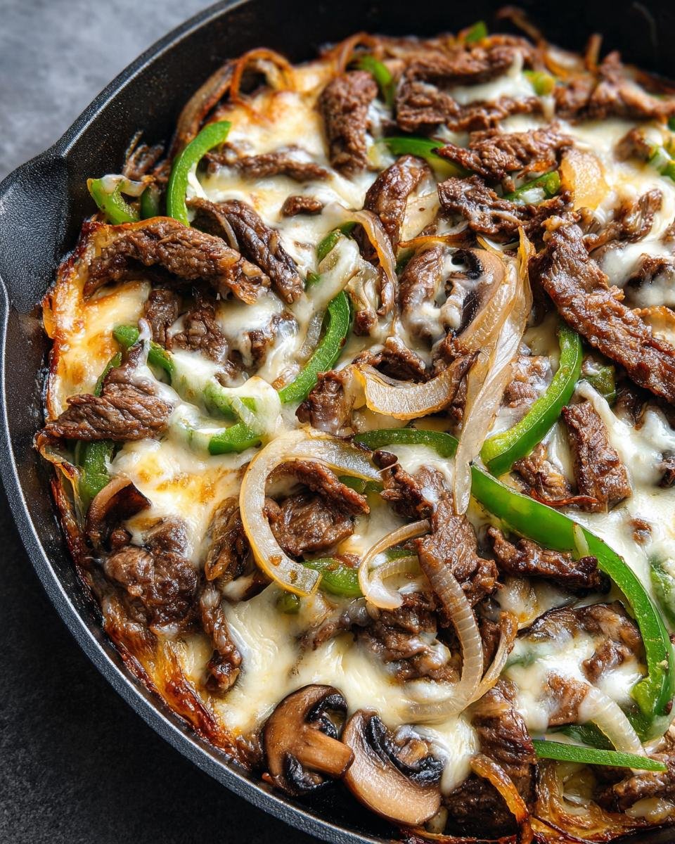 Close-up of a Philly Cheesesteak Skillet topped with melted cheese, steak strips, green peppers, and onions.