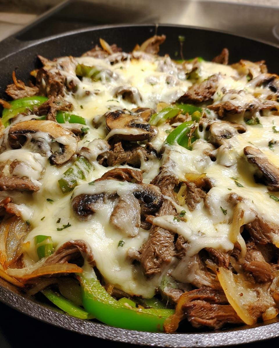 Close-up of a Philly Cheesesteak Skillet topped with melted white cheese, steak, green peppers, and mushrooms.