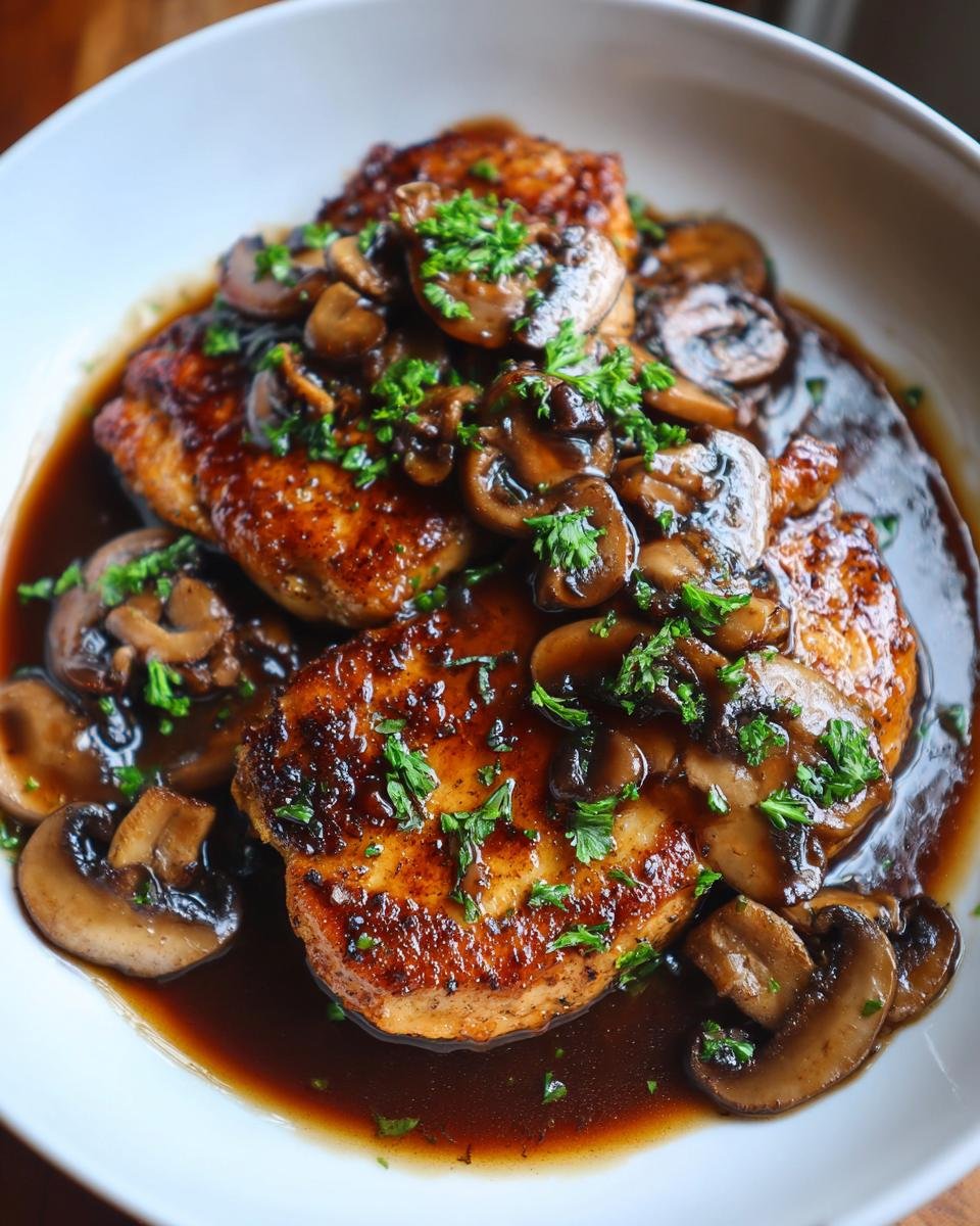 Close-up of seared Chicken Marsala breasts covered in a dark, rich mushroom sauce and fresh parsley.
