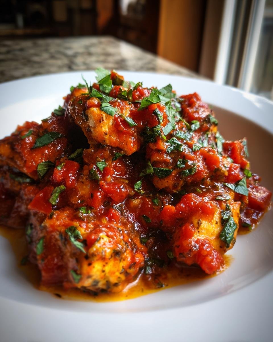 Close-up of seasoned chicken pieces generously coated in rich Chicken Tomato Sauce and topped with fresh parsley.