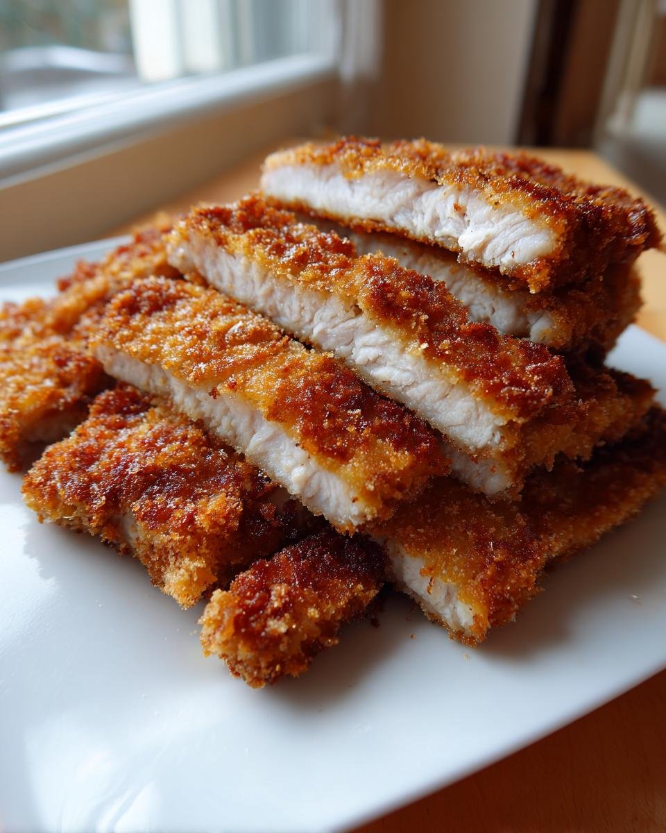 Close-up of sliced Pork Katsu showing juicy white meat and a thick, golden-brown crispy panko crust.