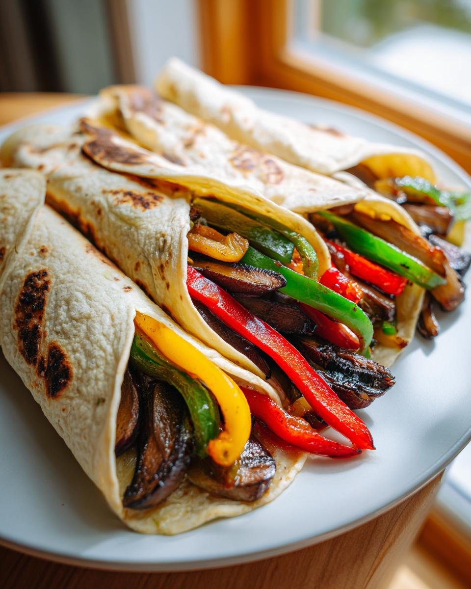 Close-up of several Portobello Mushroom Fajitas rolled in warm tortillas, filled with colorful peppers and mushrooms.