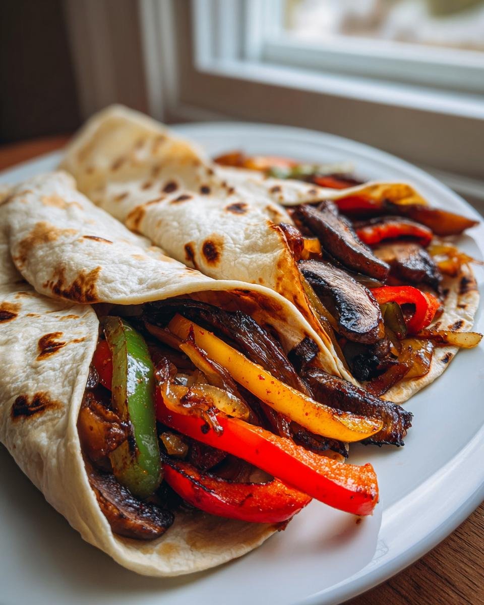 Two Portobello Mushroom Fajitas filled with saut&eacute;ed peppers and onions on a white plate.