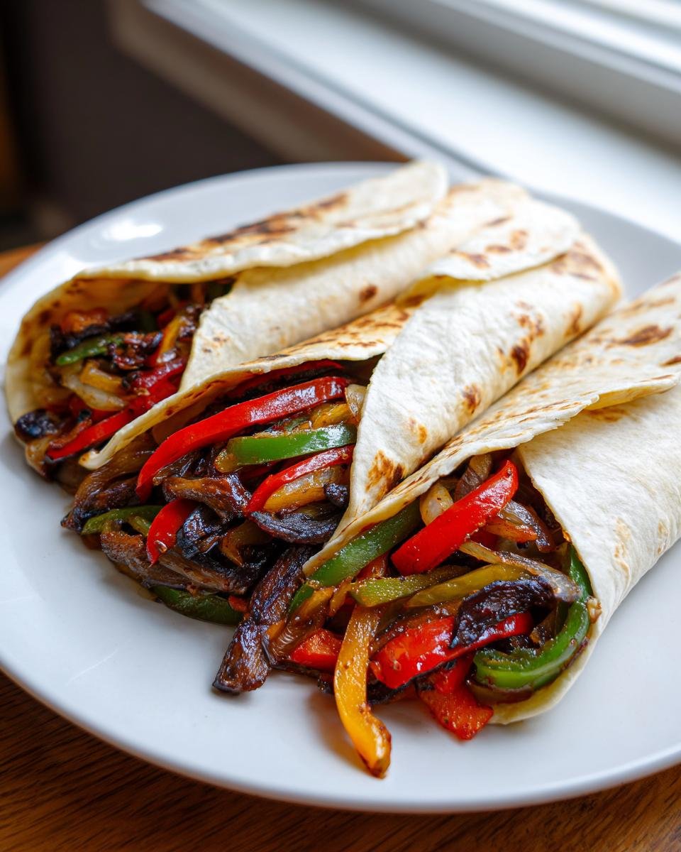 Three delicious Portobello Mushroom Fajitas filled with colorful peppers and onions, served on a white plate.