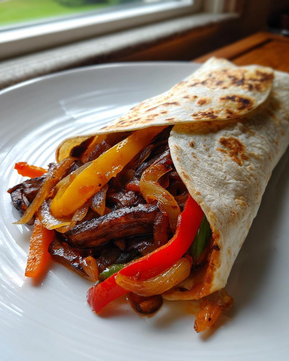 A single Portobello Mushroom Fajitas wrap filled with saut&eacute;ed mushrooms, onions, and colorful bell peppers, served on a white plate.