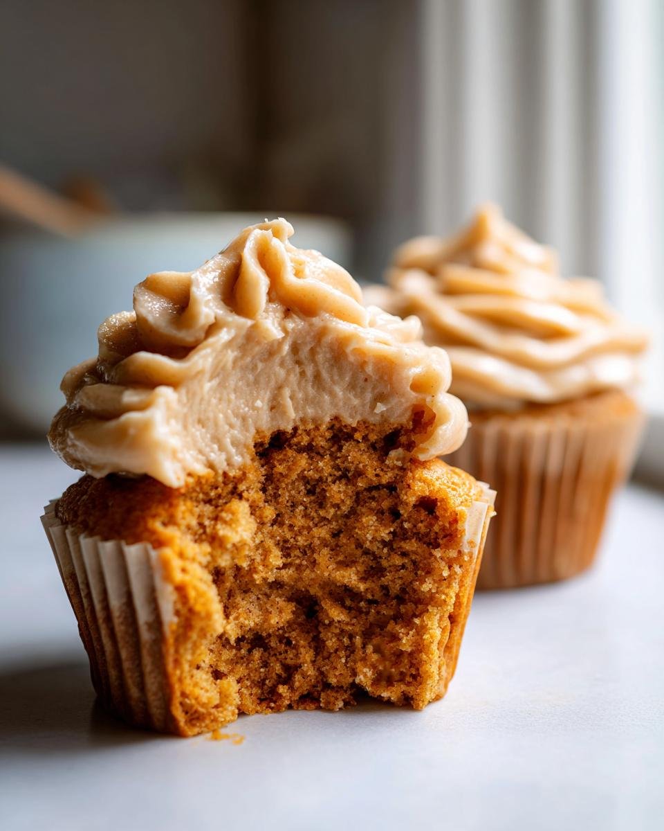 A close-up of a Pumpkin Cupcakes With Maple Frosting with a bite taken out, showing the moist interior and thick frosting.