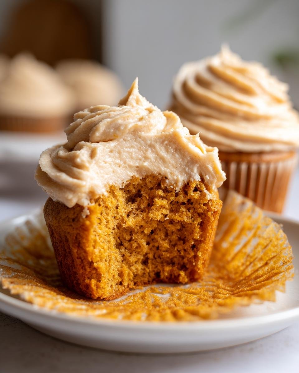 Close-up of a Pumpkin Cupcakes With Maple Frosting, bitten to show the moist orange crumb and thick maple frosting.