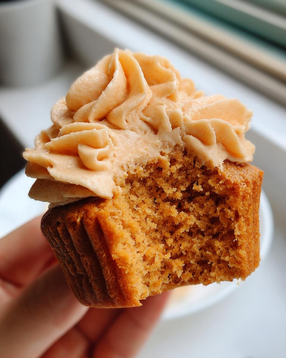 A hand holding a Pumpkin Cupcakes With Maple Frosting with a bite taken out, showing the moist crumb and swirl of frosting.