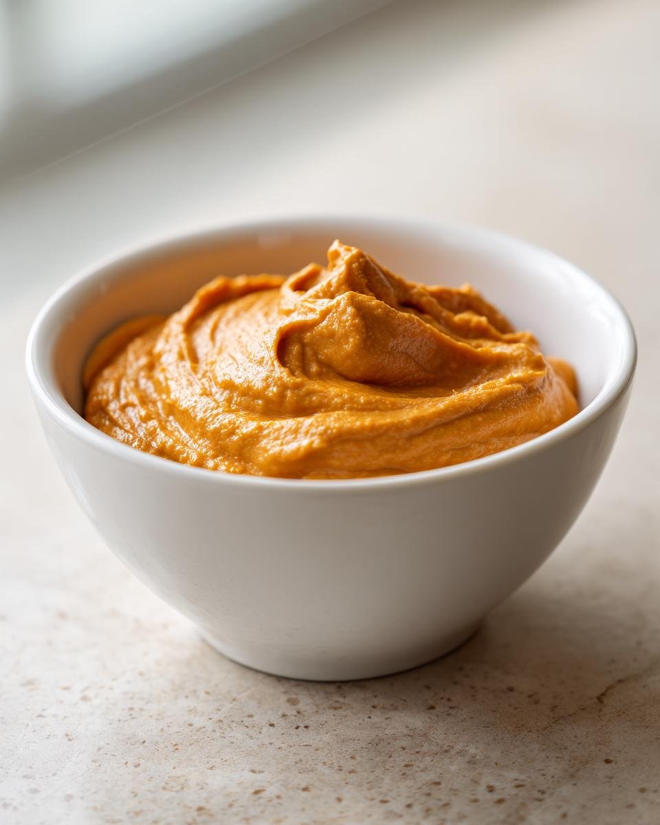 Close-up of smooth, orange Pumpkin Peanut Butter Dip swirled in a small white bowl.