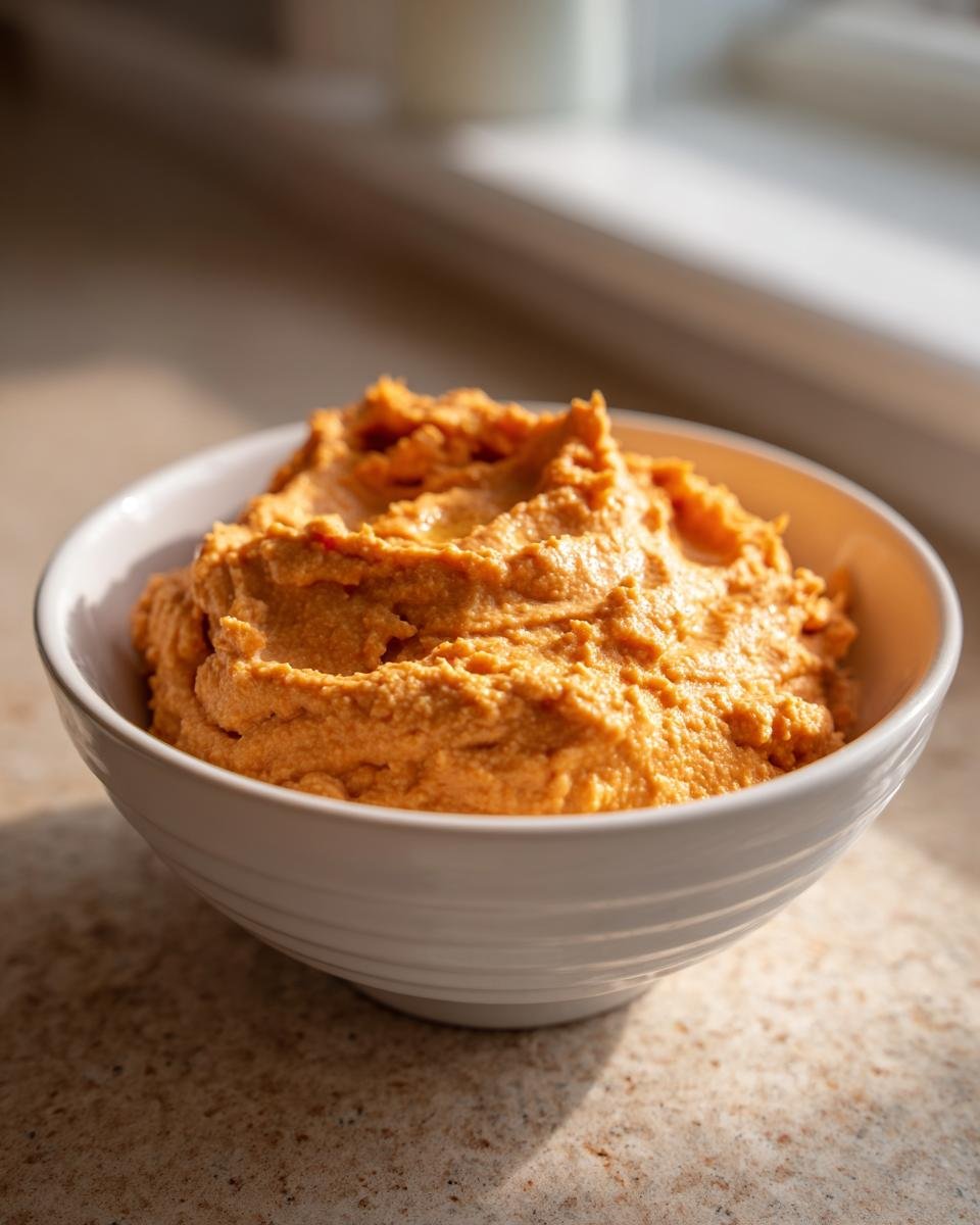 A white bowl filled with thick, orange Pumpkin Peanut Butter Dip, sitting on a speckled countertop in natural light.