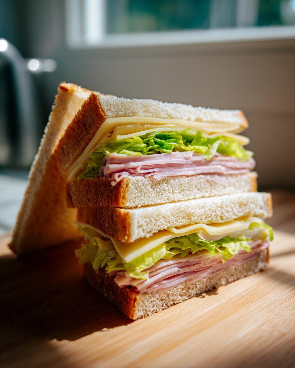 Two stacked halves of savory Picnic Sandwiches featuring ham, Swiss cheese, and crisp lettuce on white bread.
