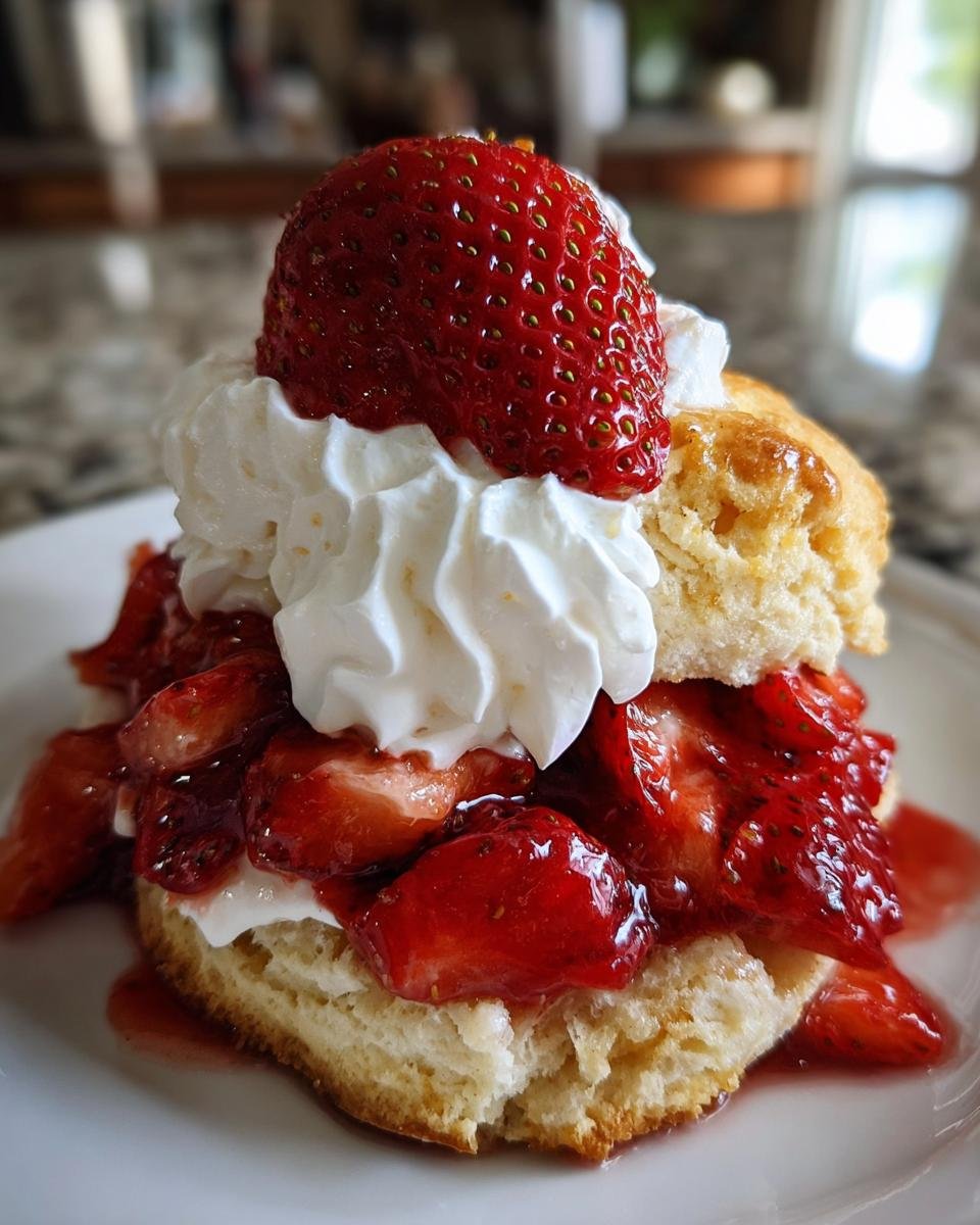 A delicious strawberry shortcake featuring macerated strawberries, whipped cream, and a whole strawberry on top, perfect for strawberry recipes.