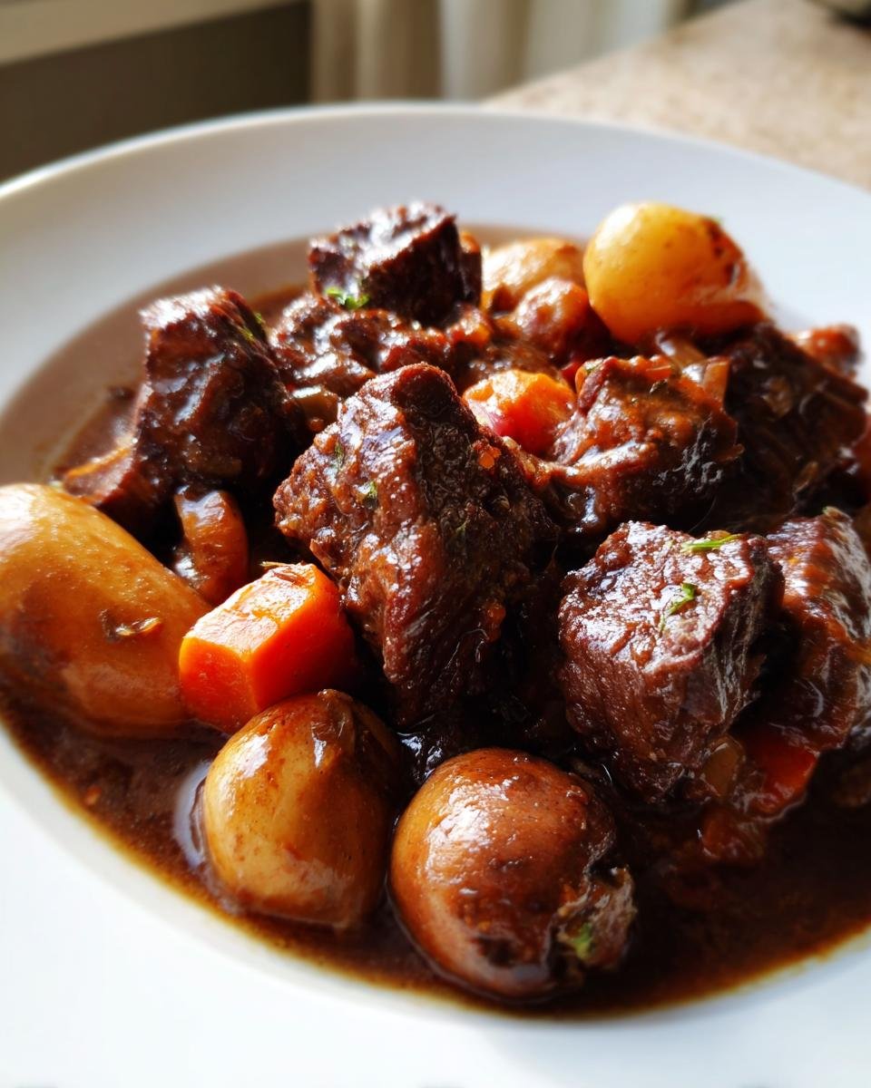 Close-up of tender chunks of Beef Bourguignon stewed in dark sauce with small potatoes and carrots.