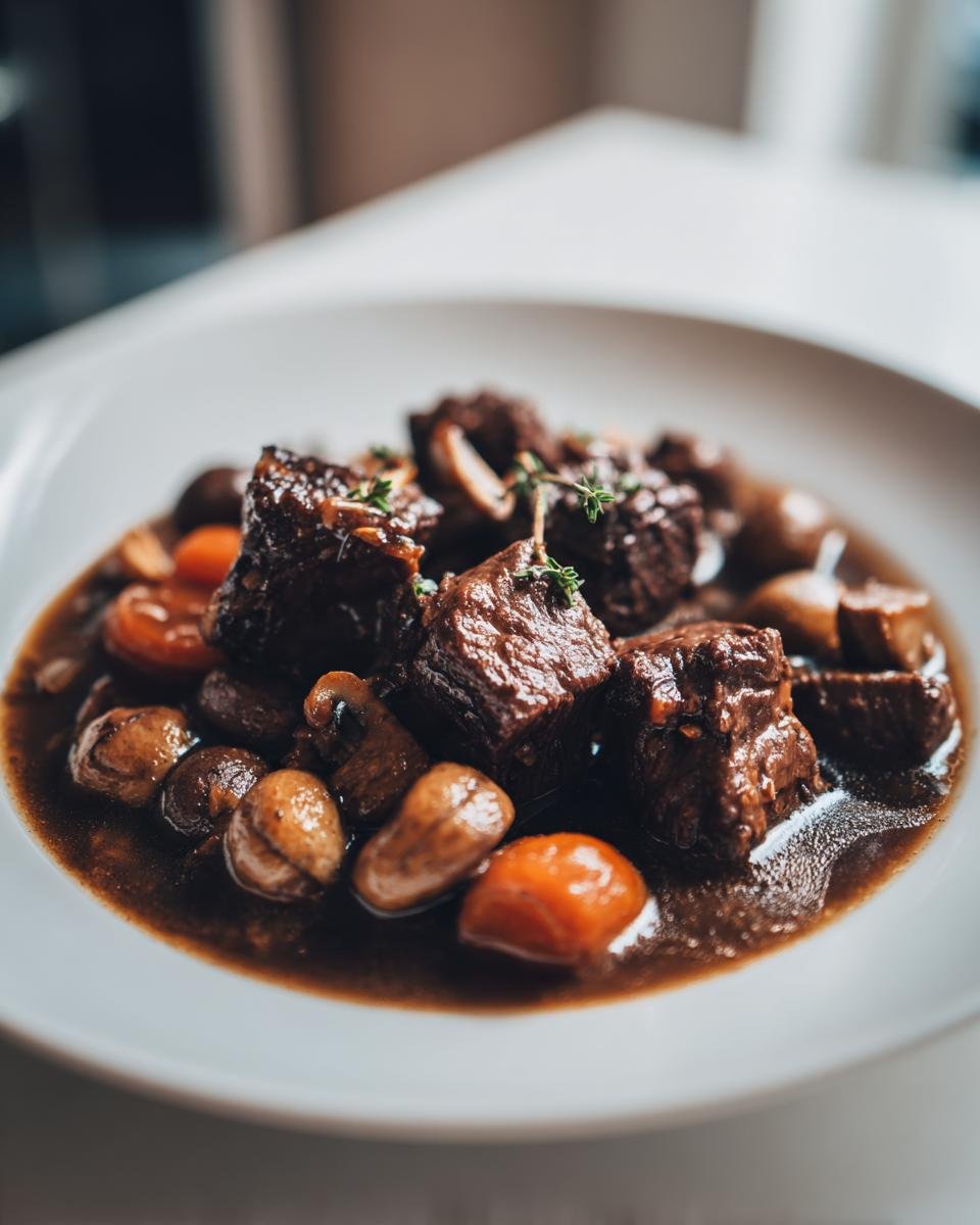 A close-up serving of tender Beef Bourguignon featuring dark, rich stewed beef chunks, mushrooms, and carrots in a deep sauce.