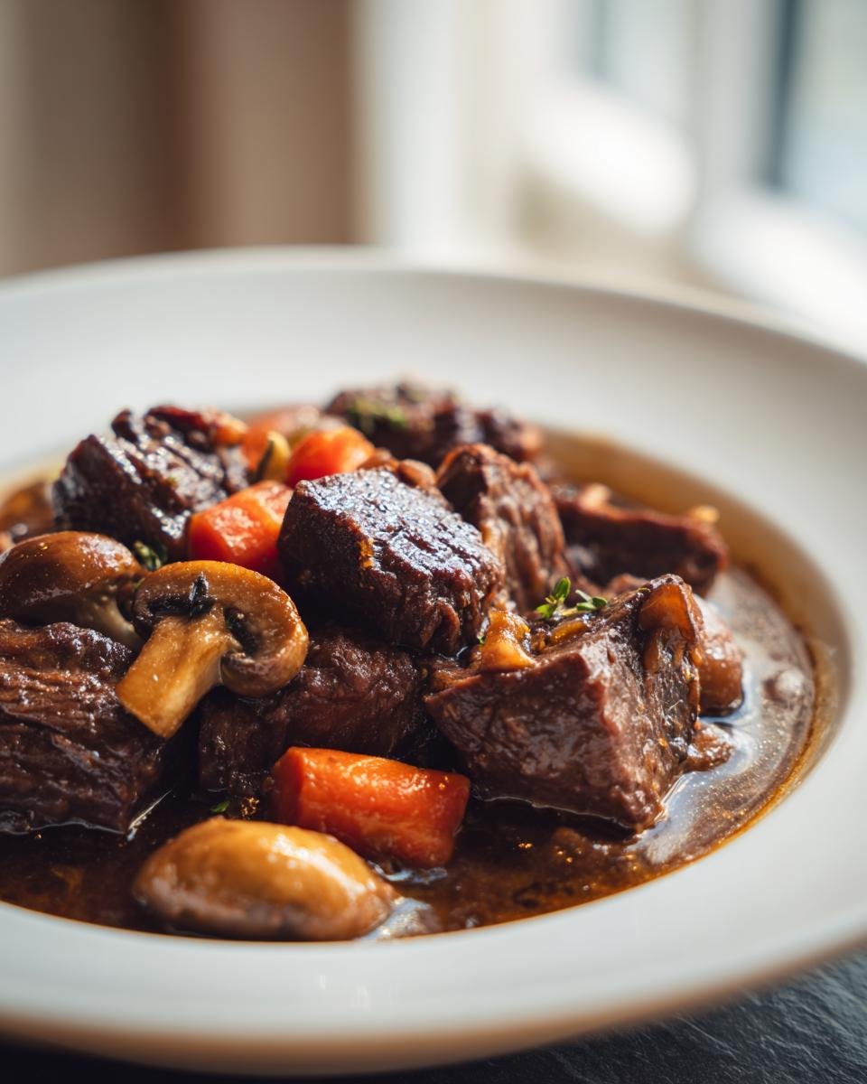 Close-up of tender chunks of Beef Bourguignon stewed with carrots and mushrooms in a rich brown sauce.