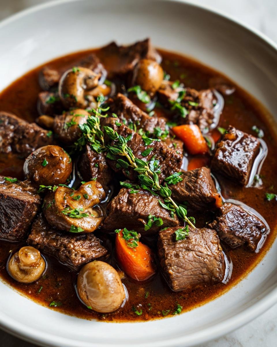 Close-up of tender chunks of Beef Bourguignon stewed with mushrooms and carrots, garnished with fresh thyme.