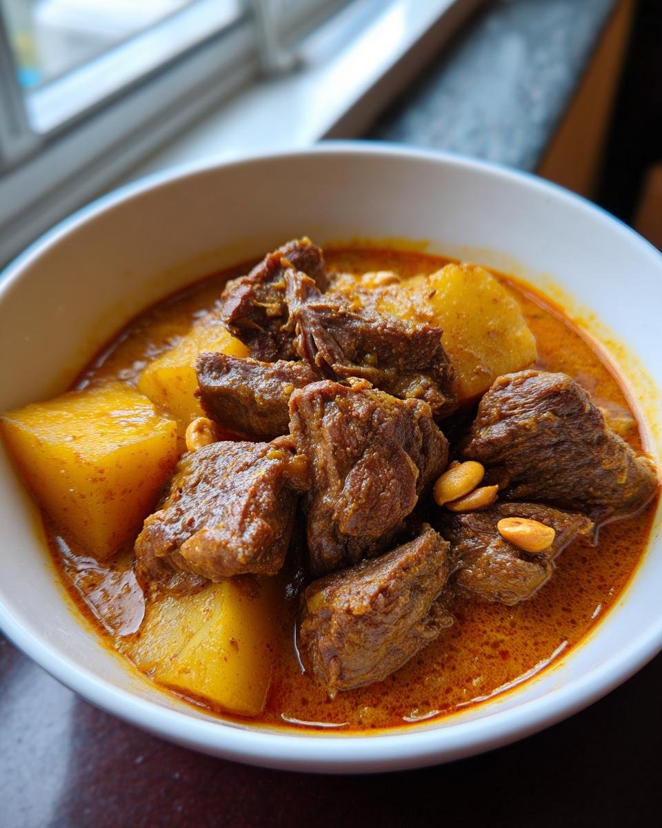 Close-up of a bowl of rich, orange-red Massaman Curry featuring tender chunks of beef, large pieces of potato, and whole peanuts.