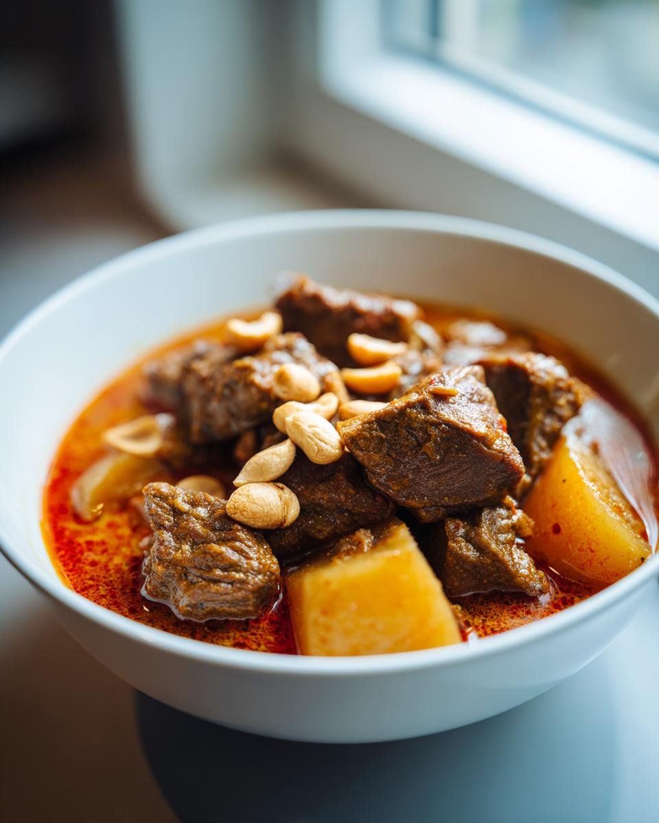 Close-up of rich, slow-cooked beef chunks and potatoes in a vibrant red sauce, topped with peanuts, representing Massaman Curry.
