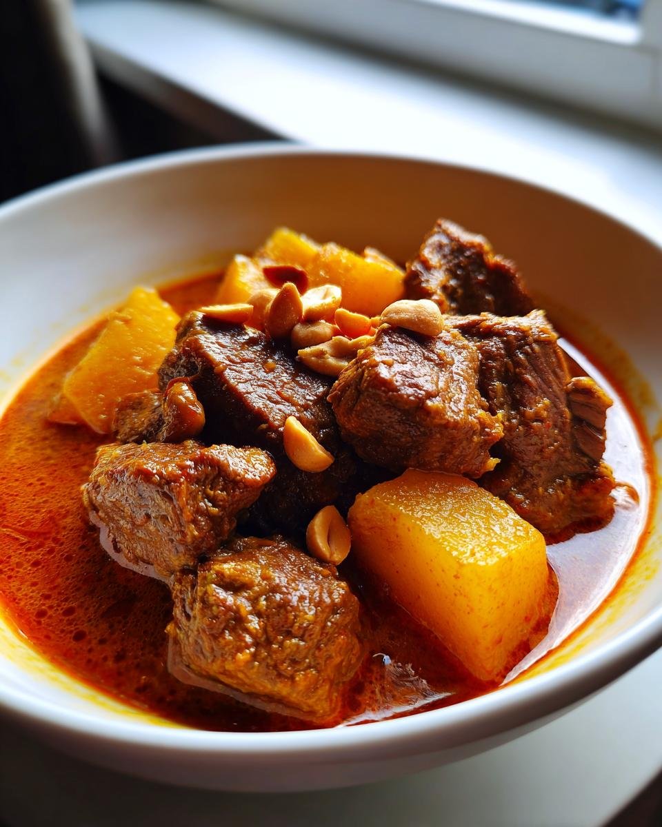Close-up of tender beef chunks and yellow potatoes in a rich, red sauce of Massaman Curry, topped with peanuts.