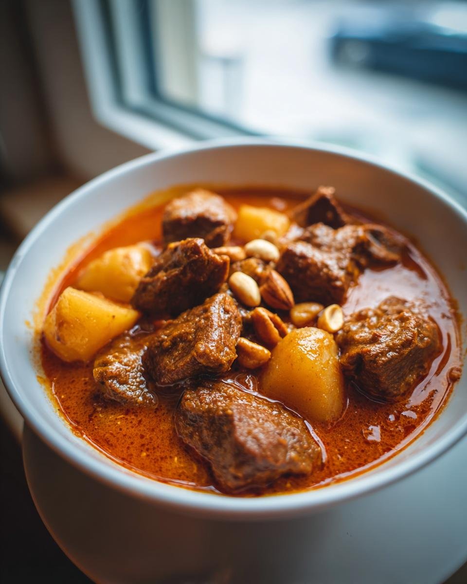 Close-up of a white bowl filled with rich, reddish-orange Massaman Curry featuring tender beef chunks, potatoes, and peanuts.