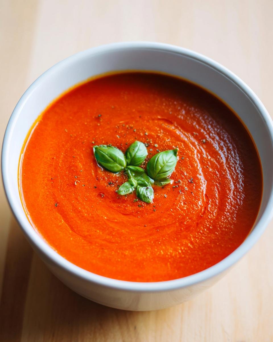 Close-up of a vibrant orange-red bowl of Roasted Tomato Soup, garnished with fresh basil leaves and cracked pepper.