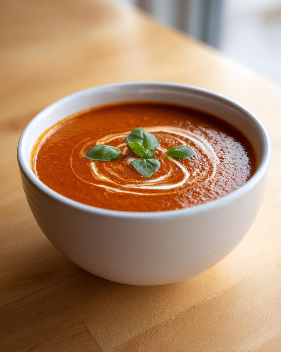 A close-up of a white bowl filled with rich, creamy Roasted Tomato Soup, garnished with a swirl of cream and fresh basil leaves.