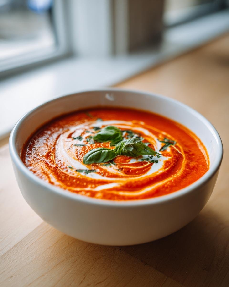 A white bowl filled with rich, vibrant Roasted Tomato Soup, swirled with cream and topped with fresh basil leaves.