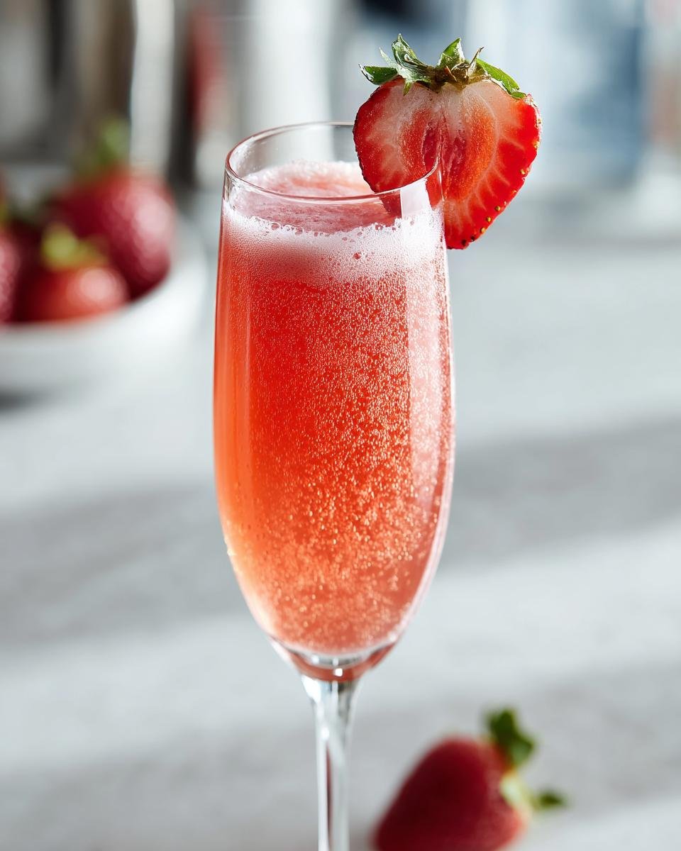 A fizzy, pink Rossini Cocktail served in a flute glass, garnished with a fresh strawberry slice.