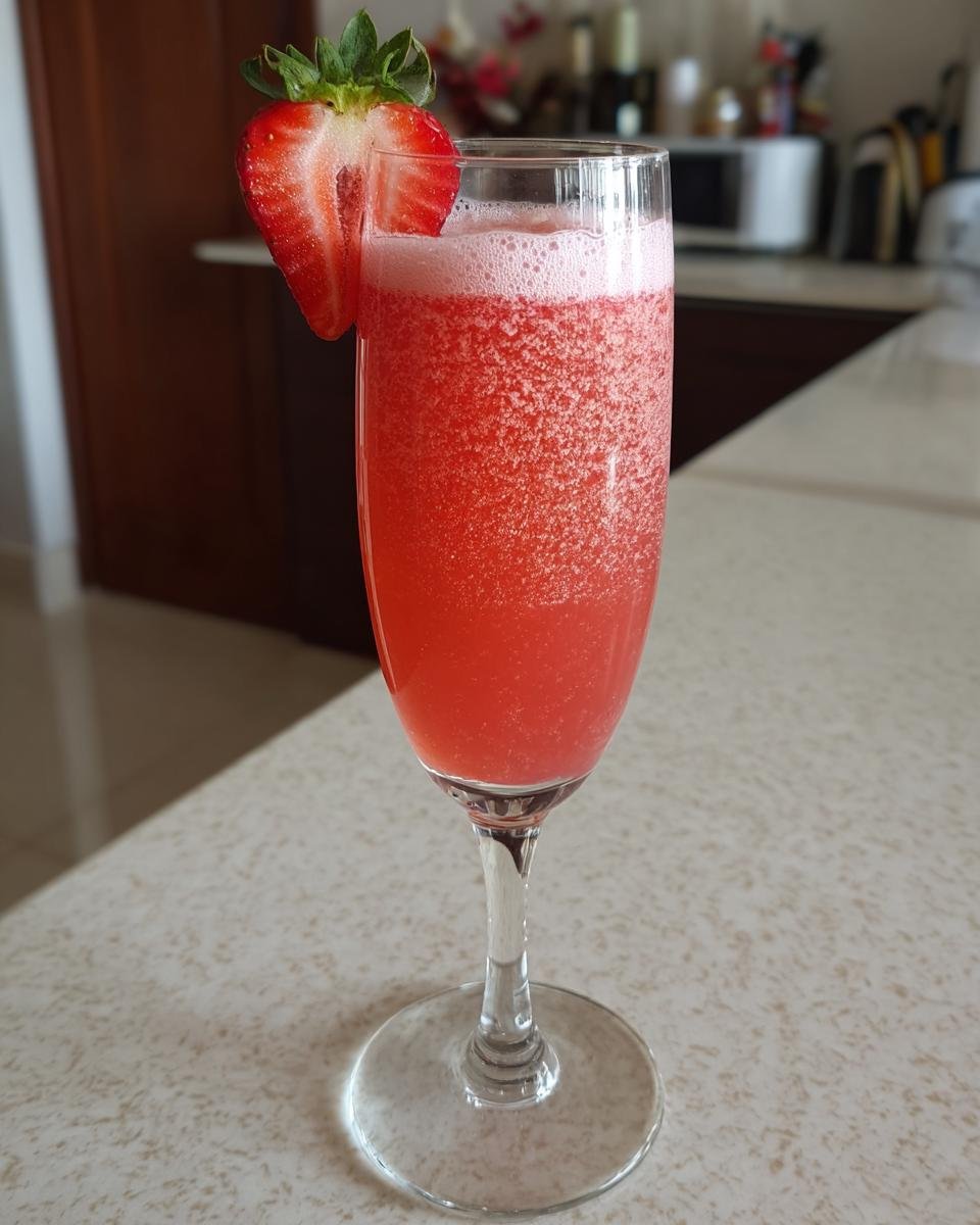 A tall flute glass filled with a vibrant pink, fizzy Rossini Cocktail, garnished with a fresh strawberry slice.