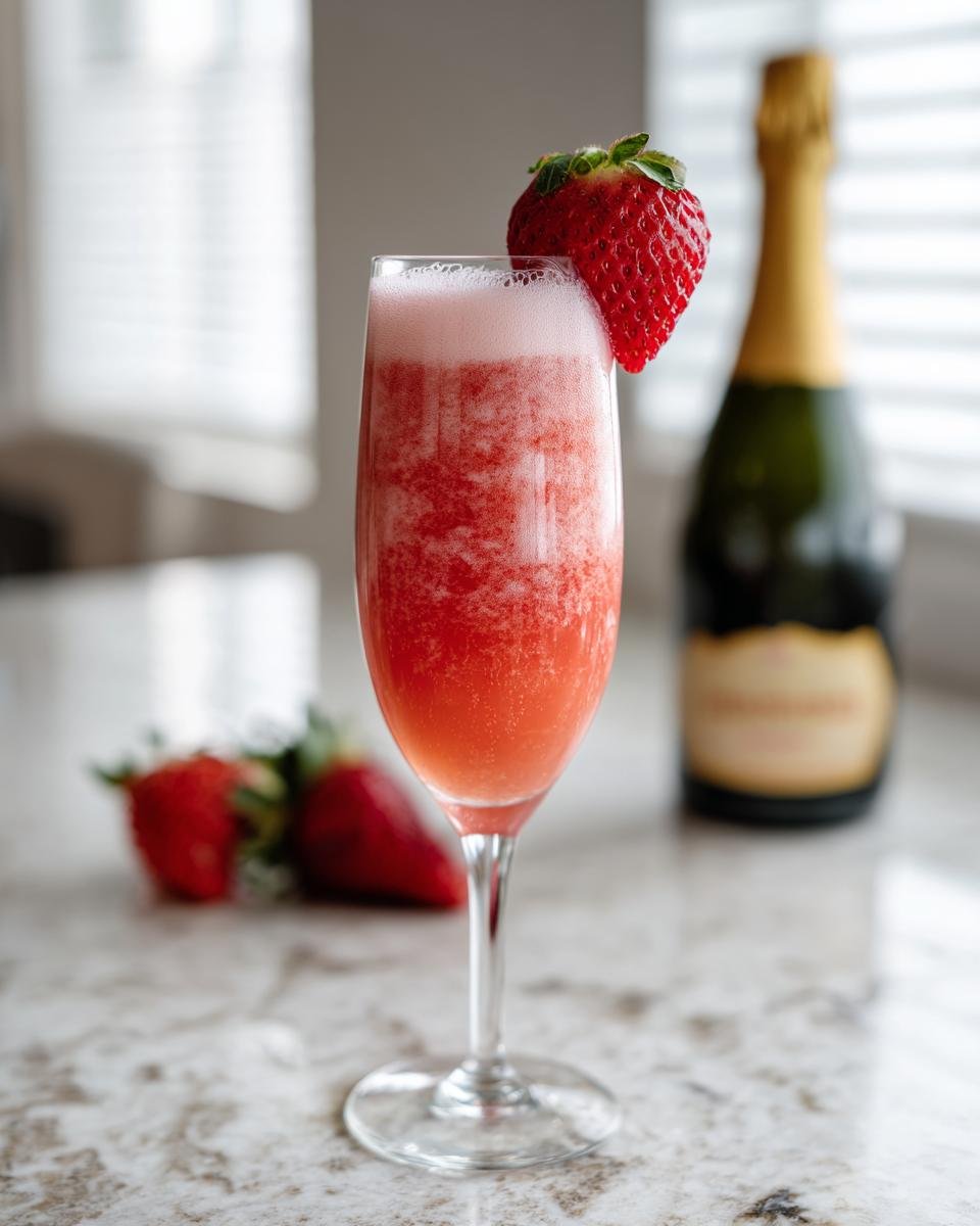 A tall glass filled with a frothy, red Rossini Cocktail, garnished with a fresh strawberry.