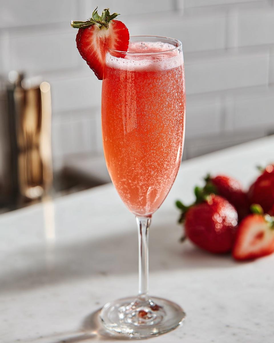 A sparkling, pink Rossini Cocktail in a champagne flute garnished with a fresh strawberry slice.