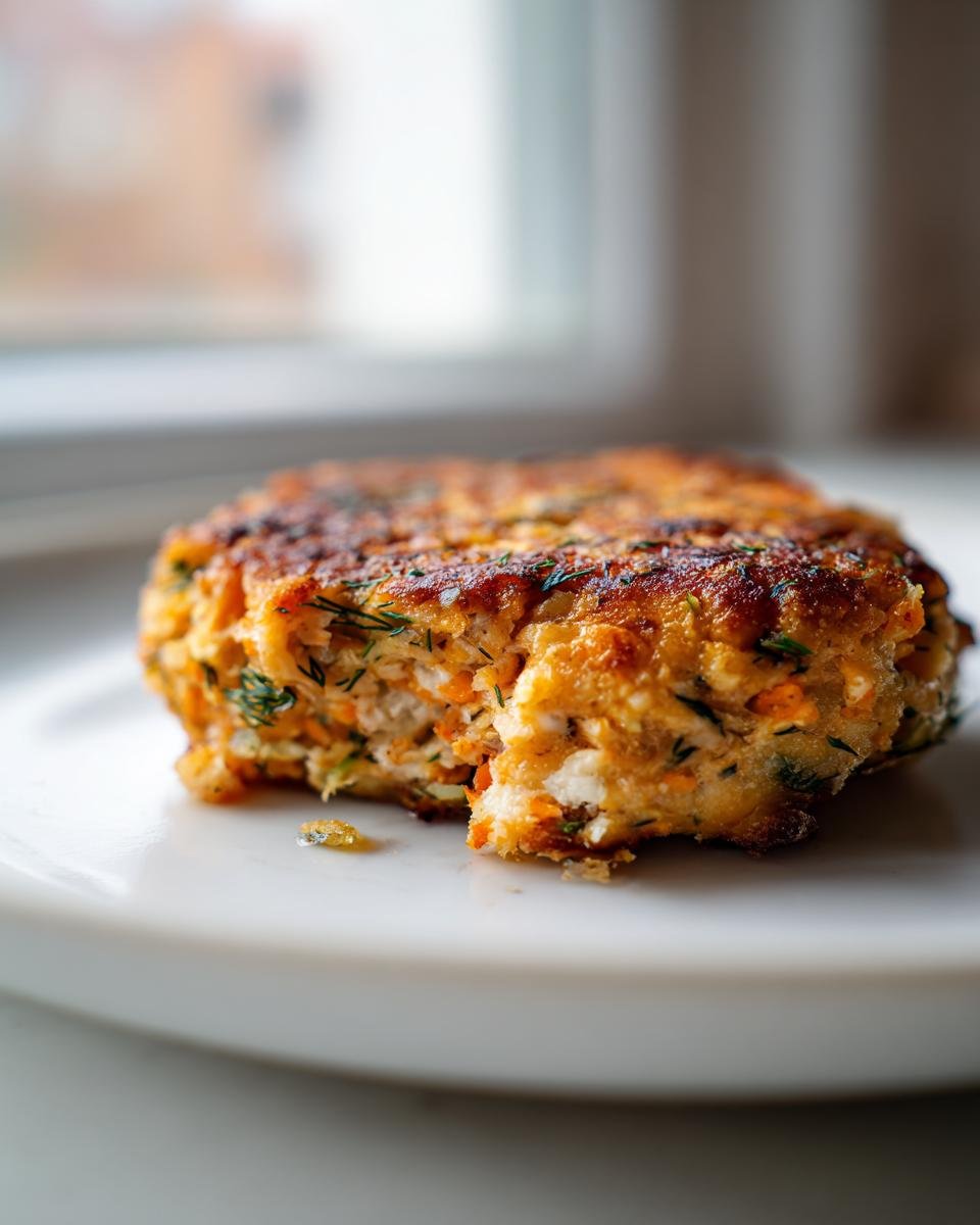 Close-up of a perfectly seared Salmon Burger patty with a bite taken out, showing flaky texture and dill.