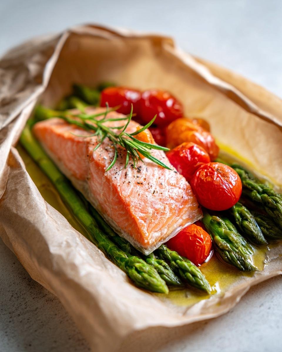 A cooked fillet of Salmon En Papillote resting on asparagus and cherry tomatoes inside parchment paper.