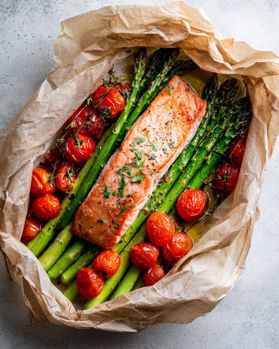 Overhead view of cooked Salmon En Papillote featuring a salmon fillet, bright green asparagus, and roasted cherry tomatoes in parchment paper.