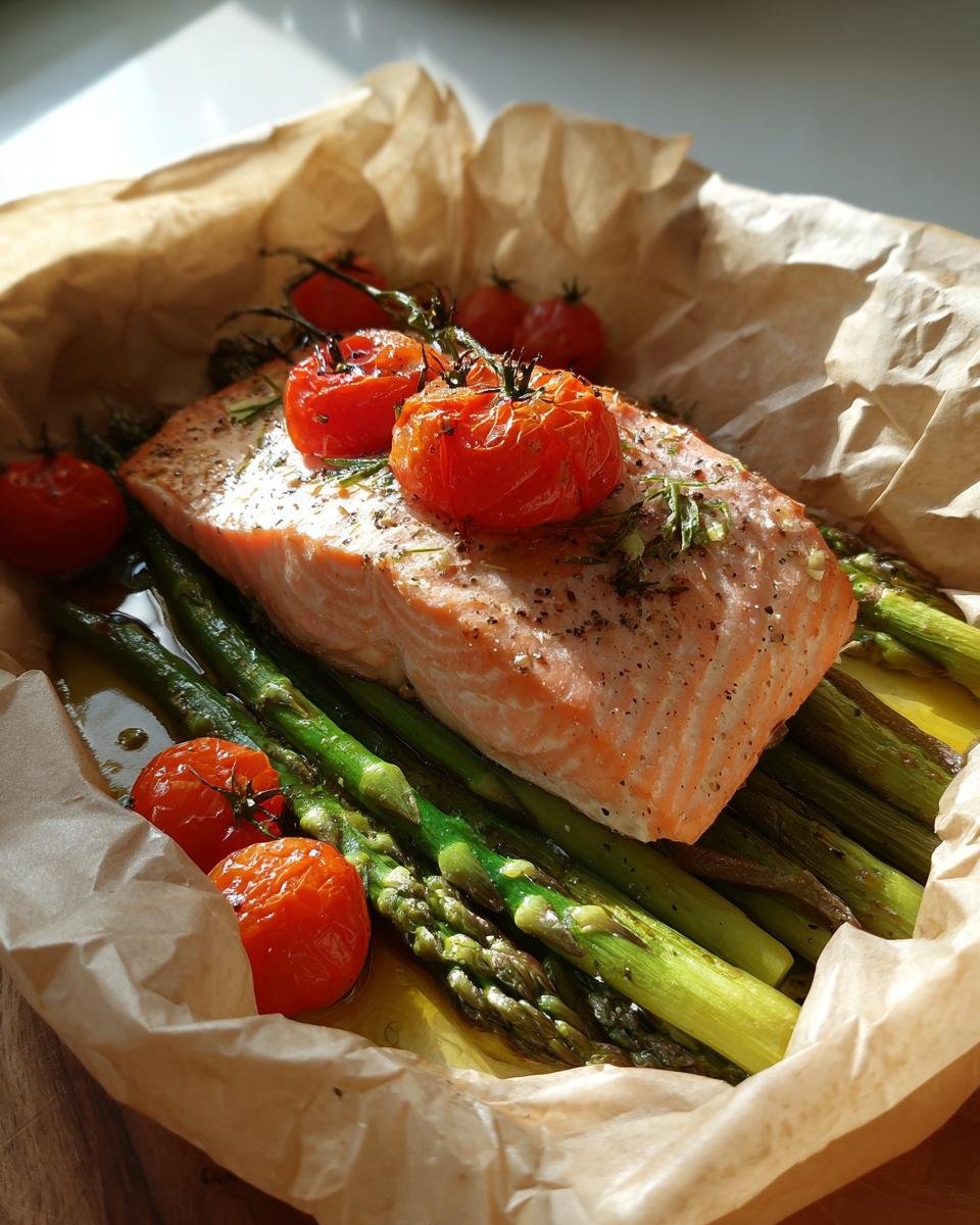 Close-up of perfectly cooked Salmon En Papillote with bright green asparagus and roasted cherry tomatoes in parchment paper.