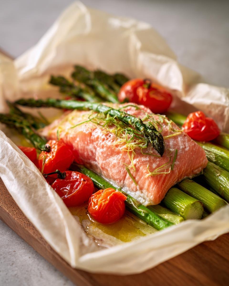 Close-up of raw Salmon En Papillote ingredients: salmon fillet, asparagus, and cherry tomatoes seasoned with zest, ready for baking.