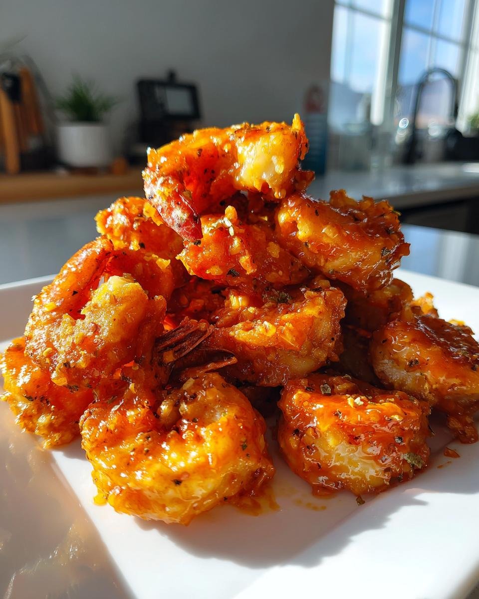 A close-up stack of crispy, glazed Bang Bang Shrimp coated in a vibrant orange-red sauce, served on a white plate.