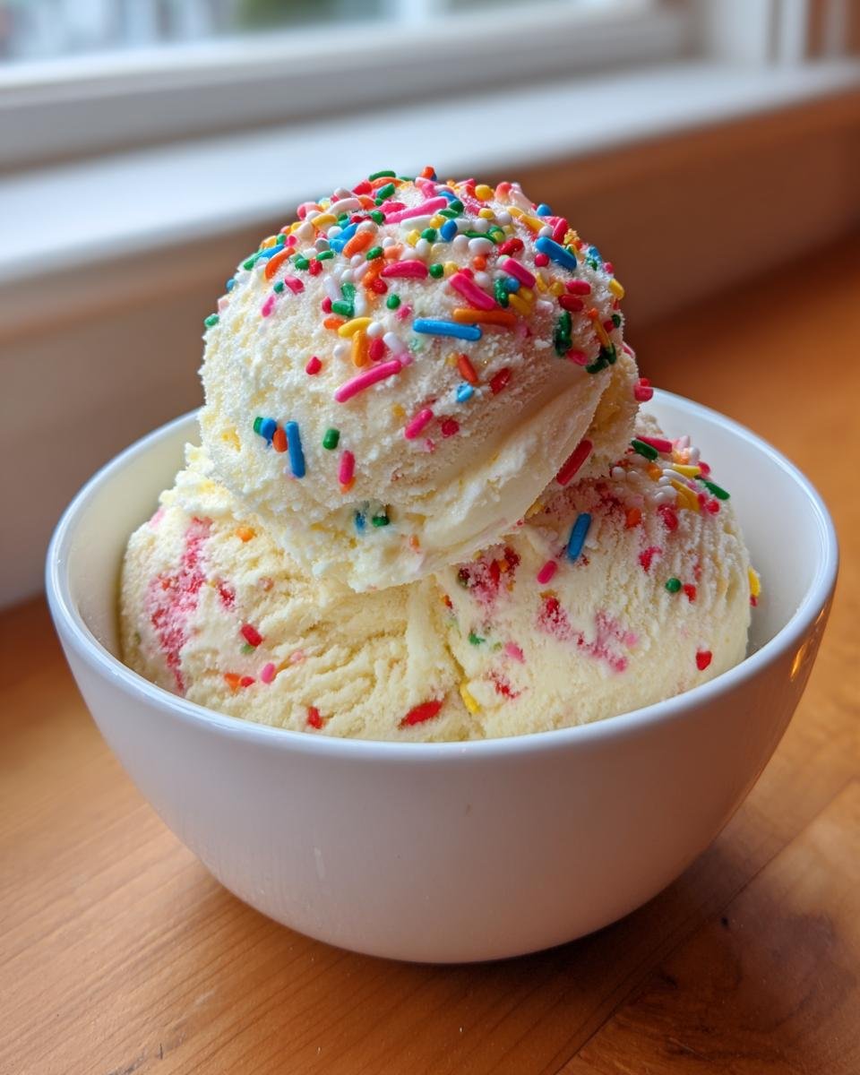 Two scoops of creamy Birthday Cake Ice Cream topped generously with colorful rainbow sprinkles in a white bowl.