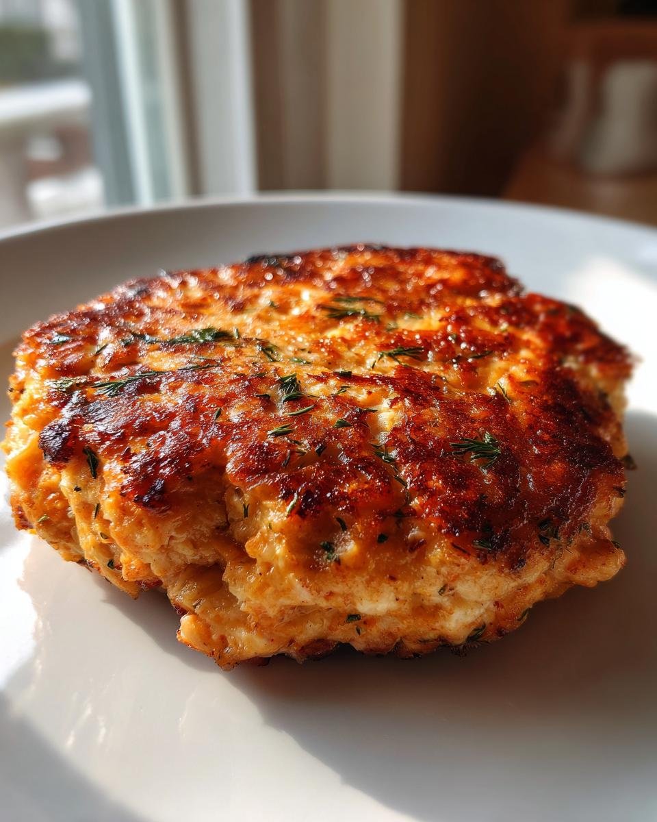 Close-up of a golden-brown, pan-seared Salmon Burger garnished with fresh dill, sitting on a white plate.