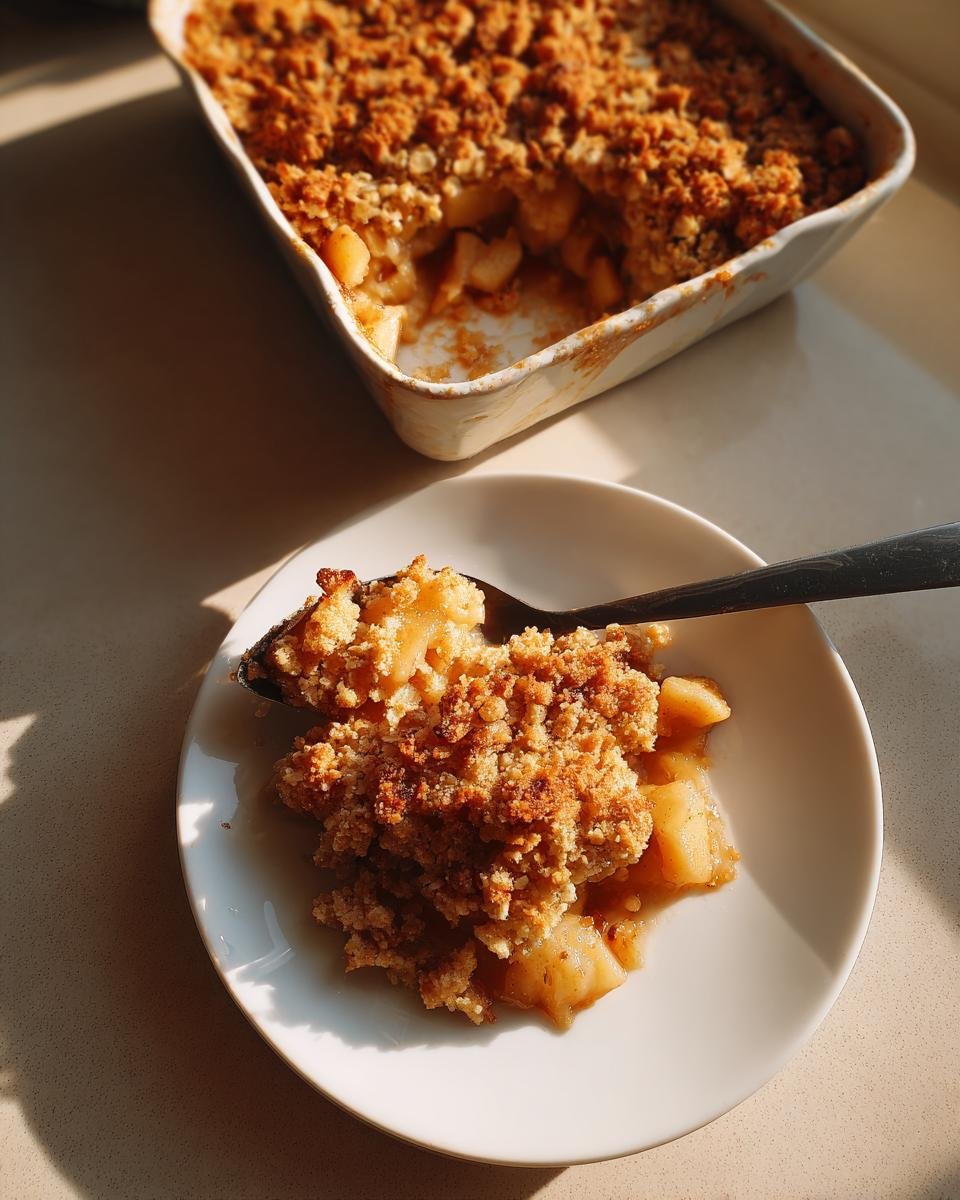 A spoonful of warm Apple Crumble with a golden, crunchy topping served on a white plate, with the baking dish in the background.